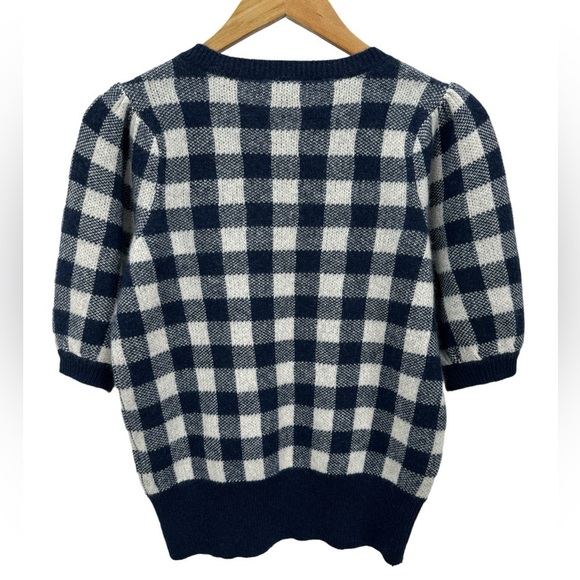 Charter Club Luxury Checkered Cashmere Short Puff Sleeve Sweater Navy White S - Picture 3 of 9